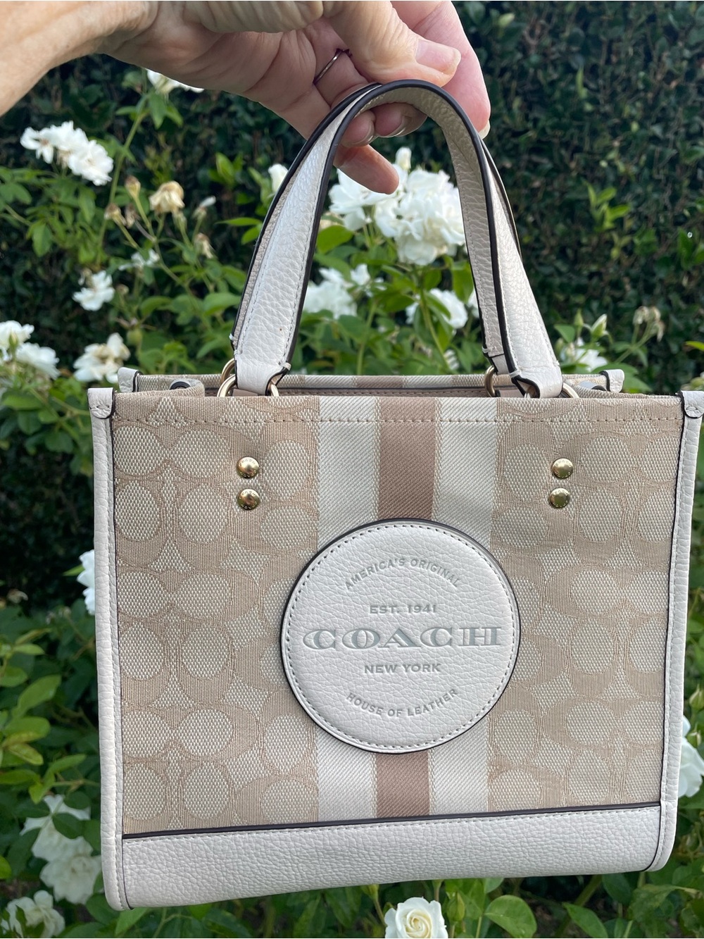 Coach Dempsey Tote 22 C8417 Signature Jacquard Chalk Pebble Leather Crossbody